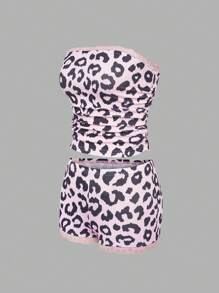 SHEIN Unity Women's Leopard Print Bandeau Crop Top And Shorts Summer Sexy 2 Pieces Set - Pink - View 1