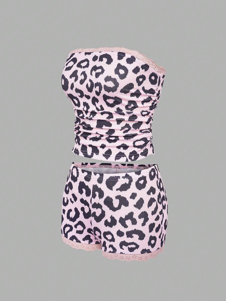 SHEIN Unity Women's Leopard Print Bandeau Crop Top And Shorts Summer Sexy 2 Pieces Set - Pink - View 1