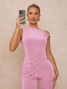 Lumalex 1 Bộ đồ nữ trang trí kim loại bất đối xứng Bodycon loe Co-Ord - Hồng - Xem 4