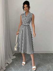 SHEIN PETITE Vestido de mujer elegante a media pierna sin mangas con cintura ceñida y rayas, para primavera/verano