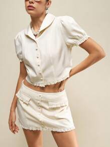SHEIN Unity 女士两件套服装，纯色短款泡泡袖纽扣衬衫和超短裙，夏季 - 杏色 - 查看 2