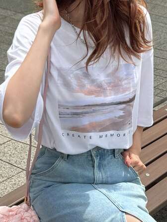 FRIFUL Women Loose Fit Round Neck Short Sleeve Printed T-Shirt, Casual Versatile Summer Vacation Fashion Graphic Tee