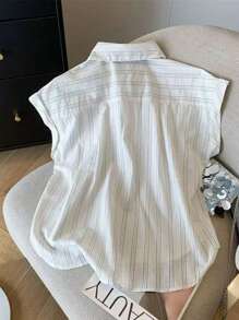 SHEIN 女式条纹印花翻盖口袋前扣夏季休闲衬衫 - 彩色 - 查看 2