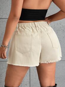 SHEIN ICON Quần short denim chữ A rộng rãi bất đối xứng cạp cao - Màu be - Xem 2