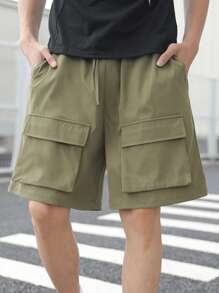 SHEIN Pantaloni scurți cargo pentru adolescenți cu buzunare 3D, stil casual universitar, confortabili și la modă, material moale, versatil pentru purtare zilnică, școală, călătorii, sporturi în aer liber - Verde Armată - Vizualizare 2