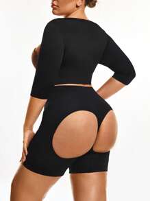 SHAPORA 2 Packs Plus Size Seamless Shapewear Set Tummy Waist Control Bust&Butt Lifter-1pc Shapewear Top Corset With Adjustable Closure+Cut-Out Mid Thigh Short -Tummy Waist Thigh Arm Control - Black - View 4