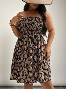 SHEIN VCAY Plus Allover Print Shirred Tube Summer Dress - Brown - View 5