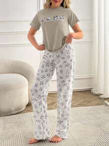 RueChic Woen Cotton 2件套撞色可爱熊猫印花短袖衬衫和撞色熊猫图案睡裤睡衣套装 - 米色 - 查看 4