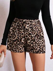 Lavishia Leopard Print Slant Pocket Shorts Fall Women Outfits With Pockets - Khaki - View 3