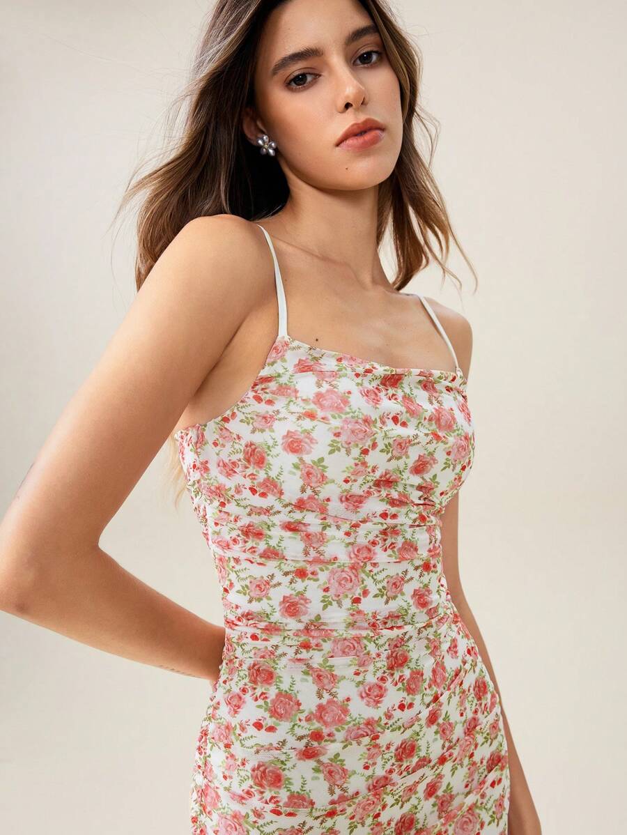 SHEIN Unity Women's White Floral Summer Casual Party Bodycon Dress,Elegant Spaghetti Strap Mid-Length Printed Vacation Beach Dresses, Hawaii Holiday Outfits - Multicolor - View 1