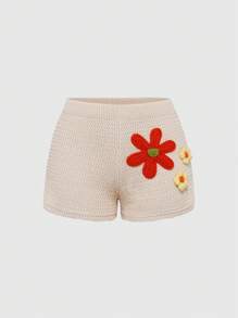 ROMWE 女士纯色针织 3D 花卉吊带背心和花卉短裤套装，春夏 - 米色 - 查看 5