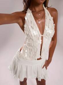 SHEIN BAE Áo thun nữ mùa hè gợi cảm tuyệt đẹp đính sequin trắng Boho đi biển đi chơi buổi hòa nhạc cổ yếm mùa hè, câu lạc bộ phụ nữ gợi cảm - trắng - Xem 6