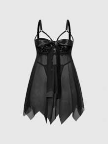 ROMWE Goth 大码蝴蝶结不对称下摆性感内衣套装