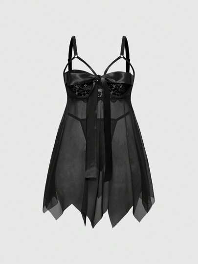 Goth Conjunto de lencería sexy de talla grande con lazo y bajo asimétrico