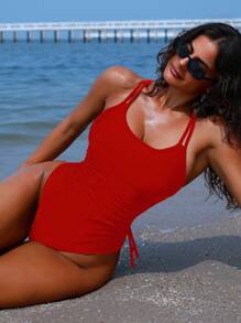 Swim SXY Women's Sexy Backless Criss Cross Side Ruched One Piece Swimsuit, Beach Style For Spring Summer Red - Red - View 2