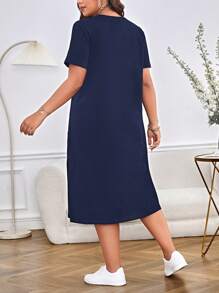 SHEIN Essnce Plus Size Women Summer Casual Solid Color Short Sleeve Split Hem T-Shirt Dress,Dresses Casual - Navy Blue - View 2