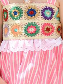 Abito colorato a maglia con motivi a fantasia e spalline a uncinetto per ragazza in vacanza - Rosa - Visualizzare 4