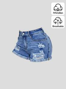 SHEIN Girlism 少女时尚休闲 Y2K 复古酷炫镂空破洞磨边设计蓝色牛仔弹力紧身卷边破洞牛仔短裤，适合少女日常穿着，柔软舒适，也适合少女夏季和秋季的锐舞派对、音乐节、海滩、街头风、校园风等场合。 - 藍色 - 查看 5