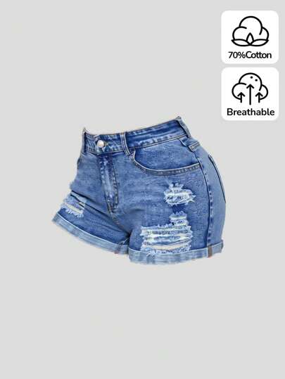 SHEIN Teen Girls Y2K Spring Summer Break Solid Washed Low Waist Ripped Rolled Up Hem Denim Jeans Mini Shorts,Summer Boho Beach Concert Rave Festival Outfits,Summer Cute Shorts Boho Beach Concert Rave Festival Outfits,Girls Graduation Summer Vacation Outfits