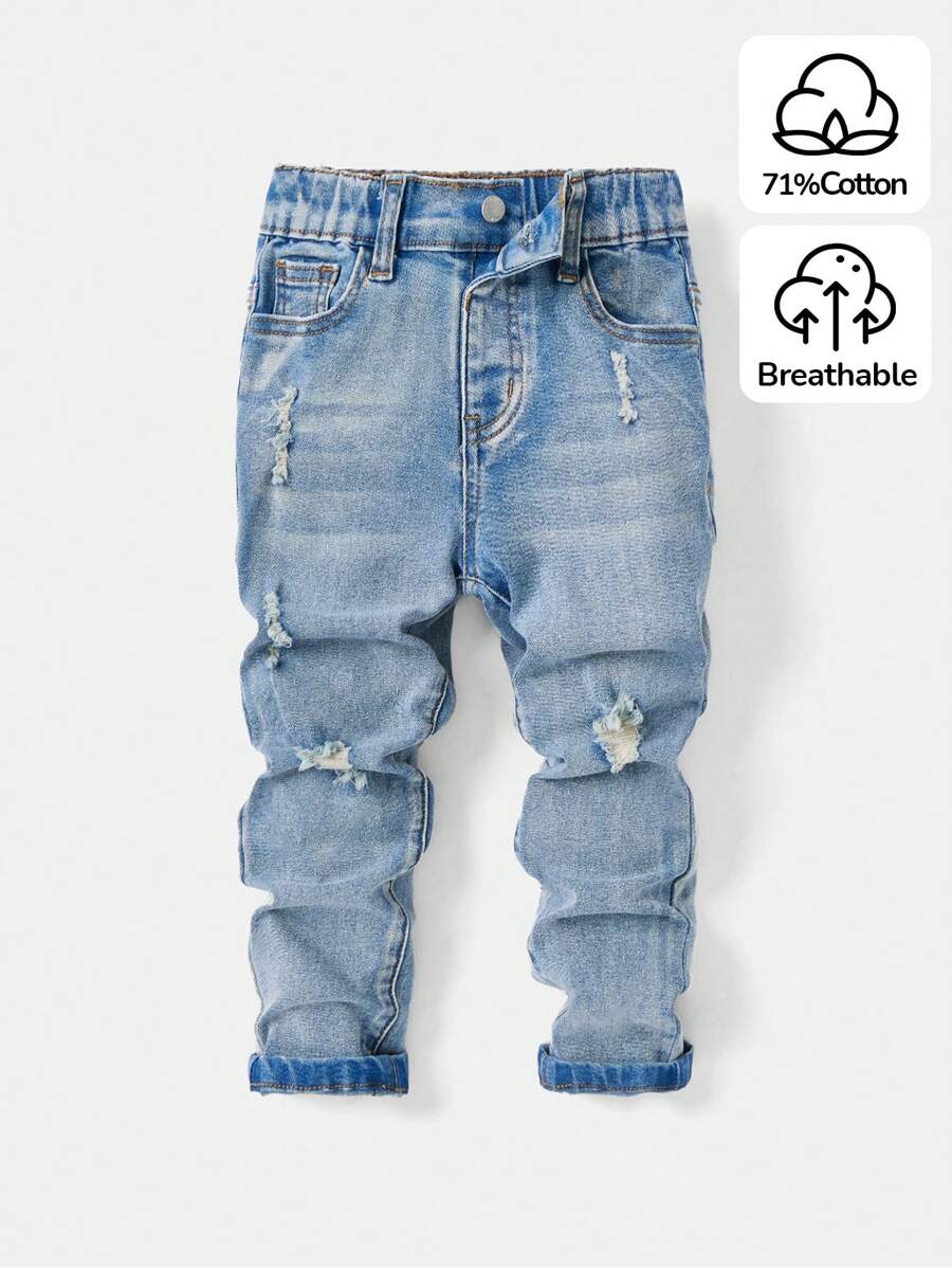 SHEIN 年轻男孩破洞口袋休闲百搭牛仔裤 - 中等水洗藍 - 查看 1