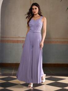 ZEYLAH Women's Sleeveless Solid Color Elegant Gathered Waist Ruched Jumpsuit - Purple - View 5