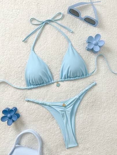 Soleia 女士夏季沙滩纯色露背性感比基尼两件套泳衣套装