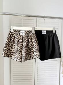 SHEIN Quần short mặc thường ngày rộng rãi màu đen trơn và họa tiết da báo cho bé gái tuổi teen, 2 chiếc/bộ, dành cho mùa hè - Nhiều màu - Xem 3