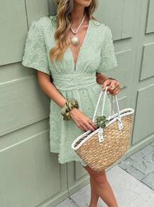 Serisse Women Solid Color Short Sleeve V-Neck Short Dress, Fashion For Summer