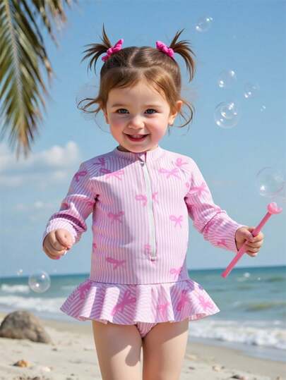 Sparklyn 女宝宝粉色蝴蝶结印花荷叶边长袖连体泳衣，具有 UPF 防护功能