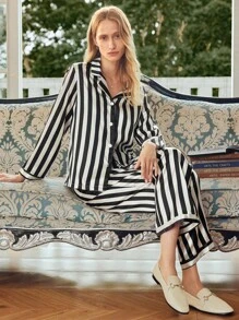 SHEIN EverLounge Conjunto de pijama de pantalón y blusa de manga larga a rayas de una hilera de botones para mujer, para vacaciones