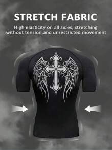 Manfinity Sport Corelite Men's Cross & Letter Print Raglan Sleeve Sports T-Shirt, Street For Summer Workout Tops Gym Top Compression Shirt Breathable Fitted Shirt Crew Neck Compression Shirt Men - Black - View 2