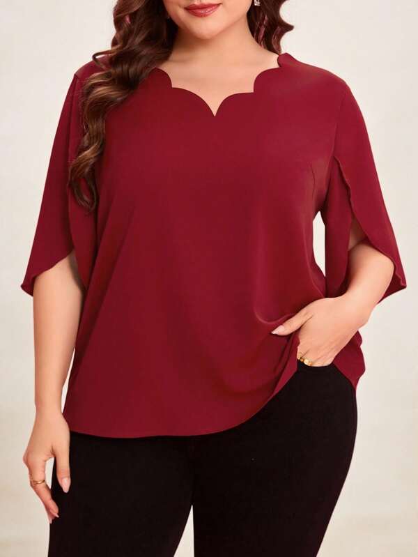SHEIN Clasi Curvy Plus Size Women's Red V-Neck Slit Sleeves Romantic And Elegant Shirt,Valentine's Day,Vacation Outfits Woman,Valentines Clothes,Lover,Going Out Tops Women,Business Casual Woman,Summer,Cute Tops,Vintage Clothes Women,Office