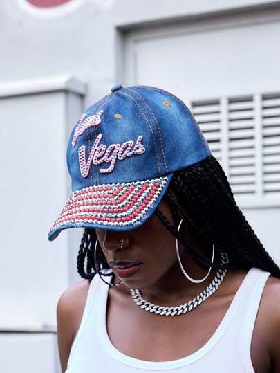 Grunge Punk 1pc Punk & Spice Look Rhinestone Studded Dark Denim Baseball Cap, Y2K Design Retro Pink Letter Pattern Colorful Rhinestone Snapback Hat, Adjustable Casual Stylish Accessory