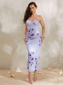 Silquee Vestido slim fit con estampado floral y aplicaciones de encaje