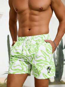 Manfinity Men's Marble Print Drawstring Waist Pocketed Beach Shorts - Lime Green - View 5