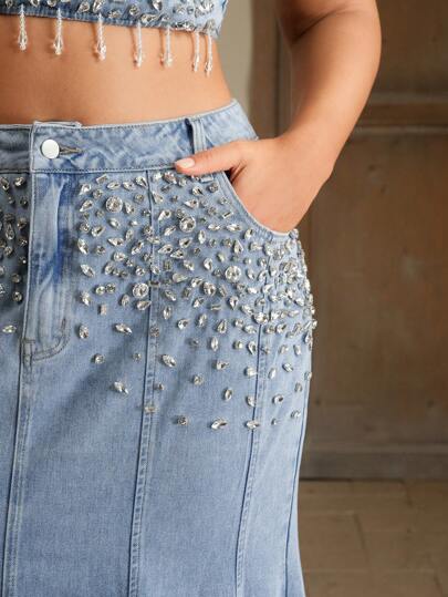 Anewsta Plus Size Elegant Long Denim Skirt With Rhinestone Embellishments And Zipper Detail