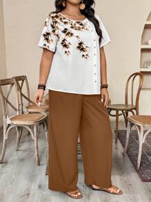 EMERY ROSE 2025新款圆领植物图案不对称前扣装饰休闲宽松大码女装两件套 - 棕色 - 查看 6