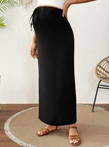 SHEIN Fustă de maternitate casual, culoare solidă, talie înaltă reglabilă, cu crăpături la tiv, linie A, versatilă