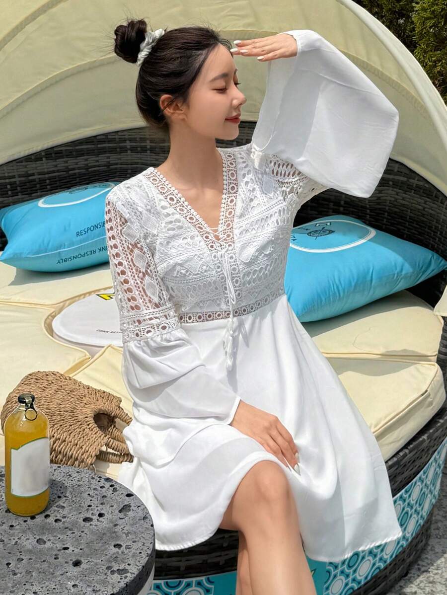 DAZY Women's Beach Cover Up With Tie Waist & Patchwork, Spring/Summer