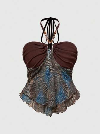 Hippie Chaleco halter de cuello de leopardo para mujer con empalme, decoración de cadena y cuentas en estilo vintage Y2K de talla grande