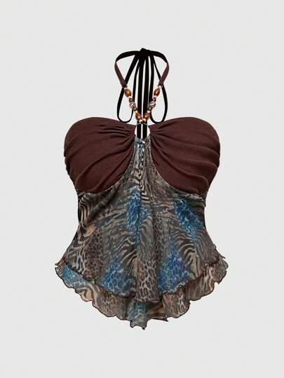 Hippie Canotta con scollo a V da donna taglie forti, in stile Y2K vintage, sexy, con catena, perline e stampa leopardata