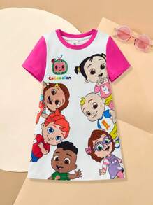 CoComelon X SHEIN 年轻女孩卡通人物图案拼色可爱休闲短袖连衣裙