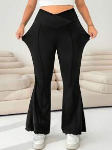 Solflare 大码简约纯色裹身喇叭高腰高弹力裤，商务休闲女装情人节 - 黑色 - 查看 1