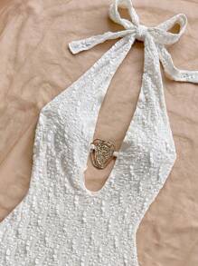Soleia New Texture Halter Backless Tie Design Mini Dress With Metallic Decor, Blue - Apricot - View 5
