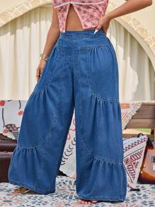 SHEIN LUNE Quần denim ống rộng phong cách nghỉ dưỡng rộng rãi cho nữ cỡ lớn - Rửa trung bình - Xem 4