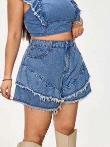 SHEIN ICON Quần short denim xanh nhạt rộng rãi thoải mái cho nữ cỡ lớn - Rửa nhẹ - Xem 4