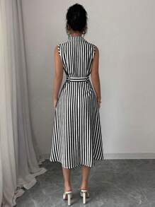 SHEIN PETITE Vestido de mujer elegante a media pierna sin mangas con cintura ceñida y rayas, para primavera/verano