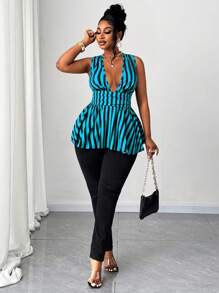 Maweii 大码优雅休闲性感数码条纹图案梭织衬衫