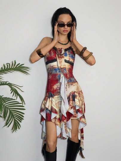 EgrlEra Women's Vintage Floral Print Patchwork Lace Decor Handmade Flower Dress