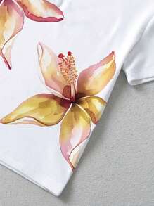 INAWLY 夏季女款百合花卉印花短款圆领短袖T恤